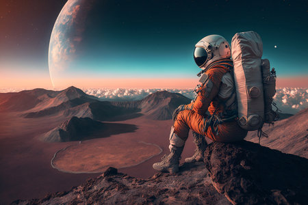 Astronaut on the top of the mountain. 3d renderingの素材