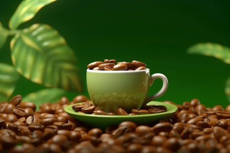 Coffee Cup with Coffee Beans on Green Background Generative AIの素材