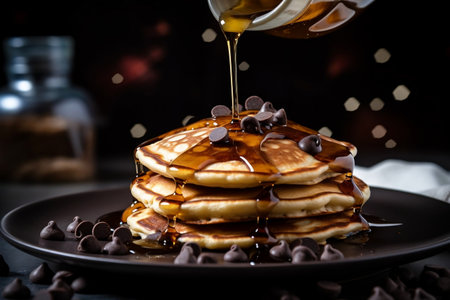 Chocolate Chip Pancakes with Syrup Drizzle Generative AIの素材