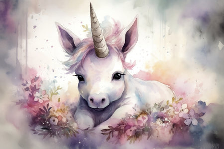 Adorable Baby Unicorn Nursery Art Generative Aiの素材