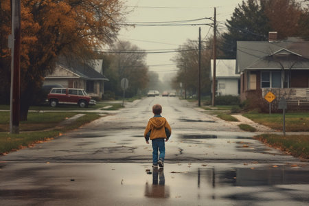 Child Walking in Suburban Street Generative AIの素材