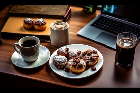 Coffee and Dessert on Wooden Table Generative AIの素材