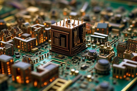 Miniature Circuit Board Resembling an Old City Generative AIの素材