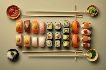 Traditional Korean Sushi Arrangement: Flat Lay of Chopsticks and Delicious Cuisineの素材