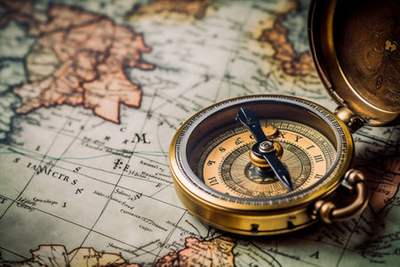 Vintage Old Compass on World Mapの素材