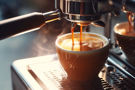 Creative Espresso Pouring from Coffee Machine at a Cozy Coffeの素材