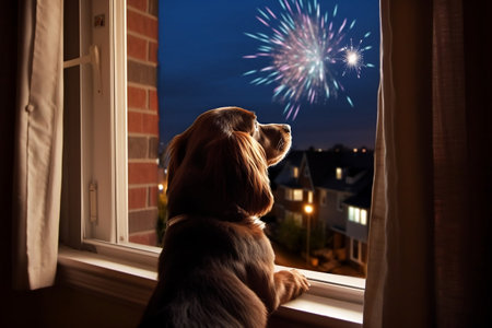 Dog Watching Fireworks from the Windowの素材