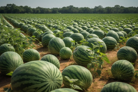 Watermelons growing on a field. Rows of watermelons.の素材