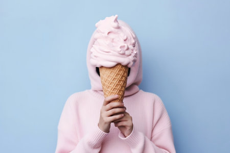 girl in a pink sweater with ice cream on a blue background.の素材