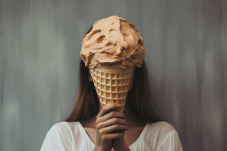 Young woman holding ice cream cone in front of her face on gray backgroundの素材