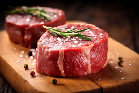 Tender and Juicy Raw Beef Filet Mignon A Gourmet Delight on a Rustic Wooden Surface.の素材