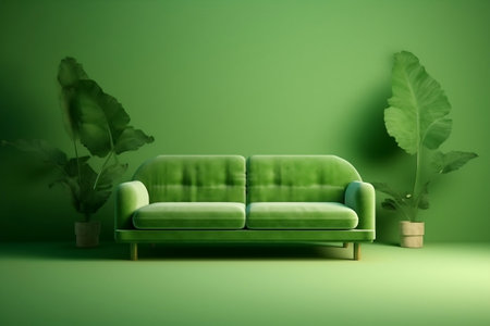 Soft Yellow Sofa A Cozy Pop of Color on a Yellow Background.の素材