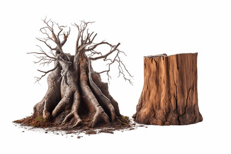 Tree Stump, Dead Tree, and Roots Isolated on Transparent Background. A Naturalistic and Detailed Illustrationの素材