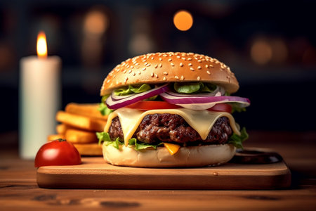 Cheese burger - American cheese burger with Golden French fries and fresh vegetablesの素材