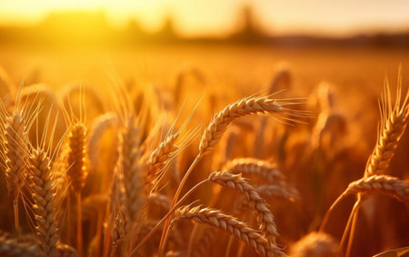 Golden Wheat Field at Sunset - Closeup Sunlight and Harvest Abundanceの素材