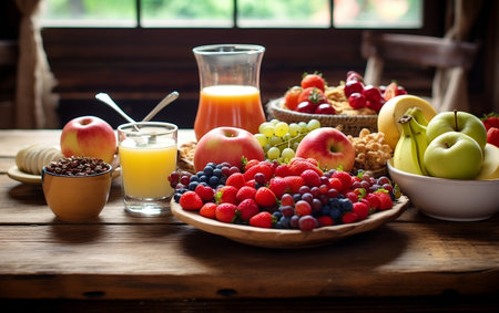 Fruitful Morning Breakfast on Wooden Tableの素材