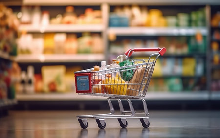 Convenient Grocery Shopping: Supermarket Cart Filled with Essentialsの素材