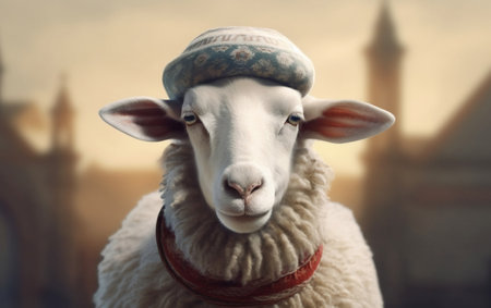 Sheep wearing Muslim cap, celebrating Eid Dayの素材