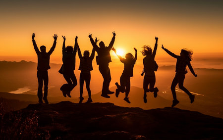 Groups of friends jumping on mountain with sunset in backgroundの素材