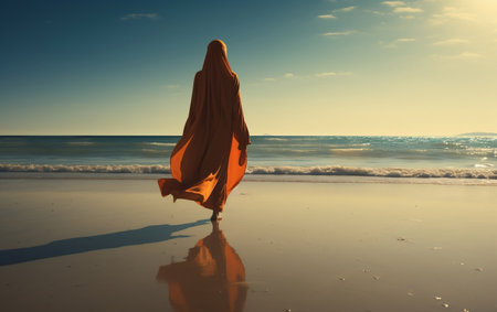 Hijab-Clad Woman Strolling on the Beachの素材