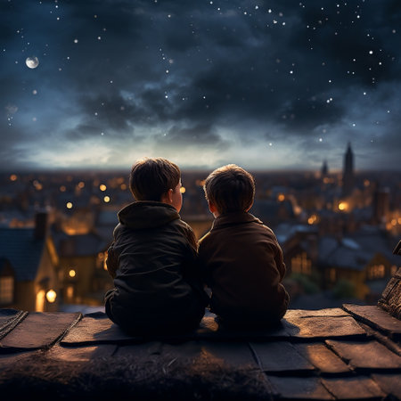 A charming rooftop scene featuring two boys under the full moon in the nightの素材