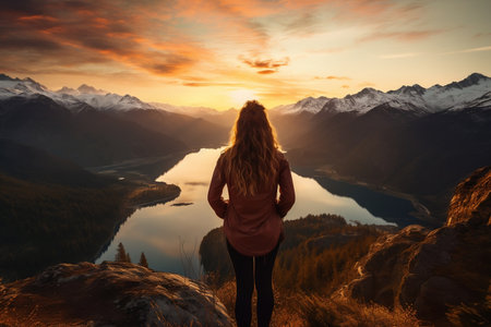 A young woman standing atop a lofty mountainの素材