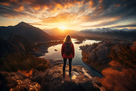 A young woman standing atop a lofty mountainの素材