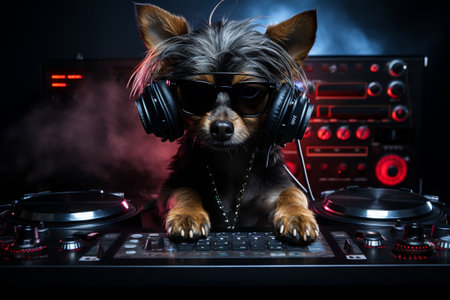 An adorable dog with DJ skills, wearing stylish earphonesの素材