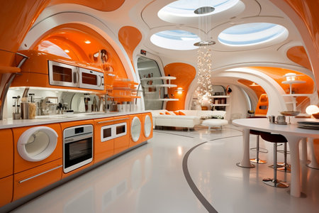 A sleek and modern illustration featuring a futuristic design in white and orange colorsの素材