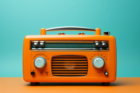 A vintage turquoise-colored radio set against a vibrant orange backgroundの素材