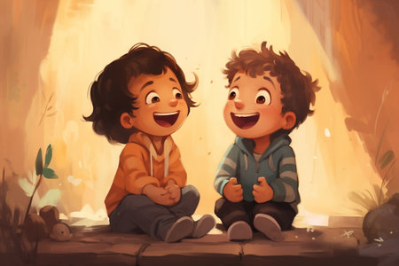 Joyful Bonds Illustration of Two Kids Laughing Together as Best Friendsの素材
