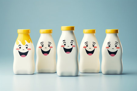 Cheerful Milk Bottle Illustration with a Smiling Emoticon Faceの素材