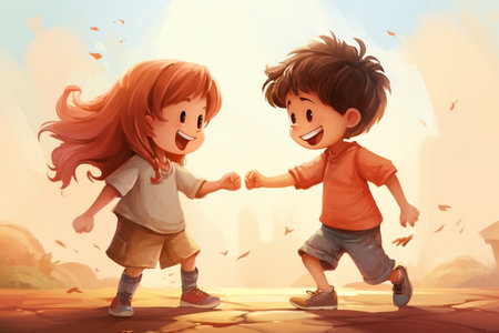 Joyful Bonds Illustration of Two Kids Laughing Together as Best Friendsの素材