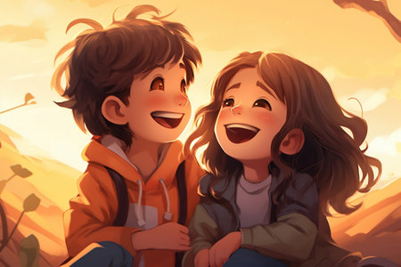 Joyful Bonds Illustration of Two Kids Laughing Together as Best Friendsの素材