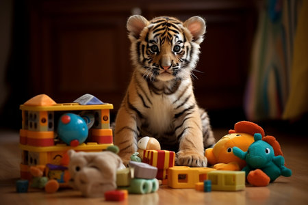Playful Little Tiger Adorable Baby Tiger Engaging with Toysの素材