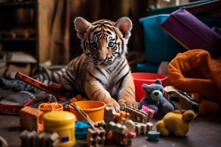 Playful Little Tiger Adorable Baby Tiger Engaging with Toysの素材