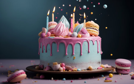Vibrant Pink Pouring on Colorful Birthday Cake. Generative AIの素材