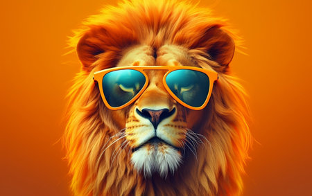 Sunglasses-Clad Cartoon Lion in a Sunny Setting. Generative AIの素材
