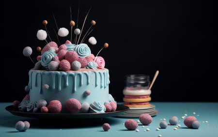 Blue Cake with Sweets on a Dark Blue Background. Generative AIの素材