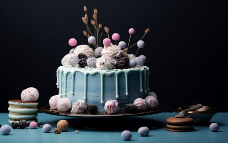 Blue Cake with Sweets on a Dark Blue Background. Generative AIの素材