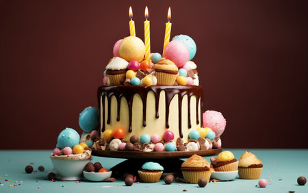 Decadent Chocolate-Poured Birthday Cake. Generative AIの素材
