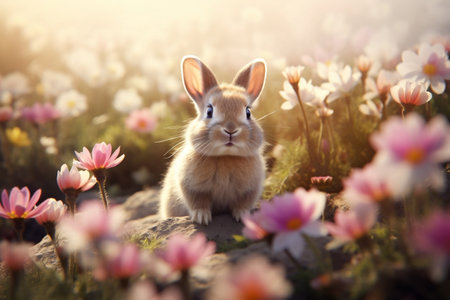 A charming Easter Bunny frolicking in a vibrant field of flowersの素材