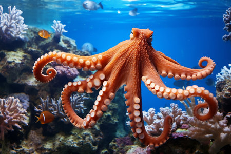 An octopus gracefully navigating through a vibrant coral reef, capturing the essence of underwater wildlife.の素材