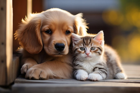 A delightful illustration featuring an adorable cat and an endearing dog togetherの素材