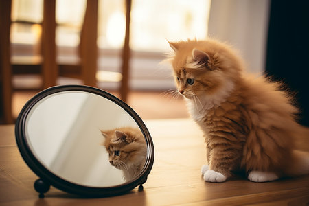 A curious kitten gazing at its reflection in a round mirror placed on a tableの素材