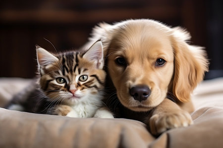 A delightful illustration featuring an adorable cat and an endearing dog togetherの素材