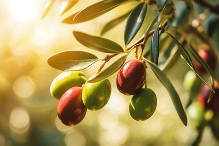 Olive Harvest Close-Up of Olive Fruit on Tree Branchの素材