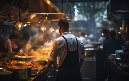The chef is cooking in a bustling restaurant kitchenの素材