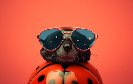 The ladybug wearing sunglasses on a solid surfaceの素材