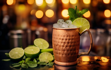 A Moscow Mule cocktail placed on the tableの素材